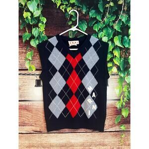 $675 Marni Sweater Vest Mens IT 42 US XS Argyle Plaid Virgin Wool Sleeveless